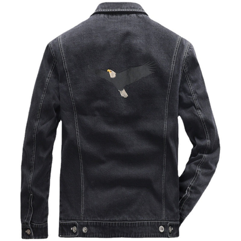 Men's jeans jacket in worker style with embroidered feather motif and inner satin lining Chichicherry