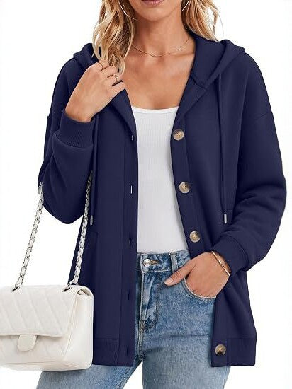 Ladies fleece hooded cardigan with button placket, raglan sleeves and side pockets Chichicherry