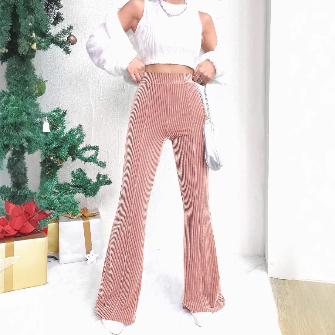 Women's High-Waisted Velvet Corduroy Pants with Pleated Look and Wide Leg Chichicherry