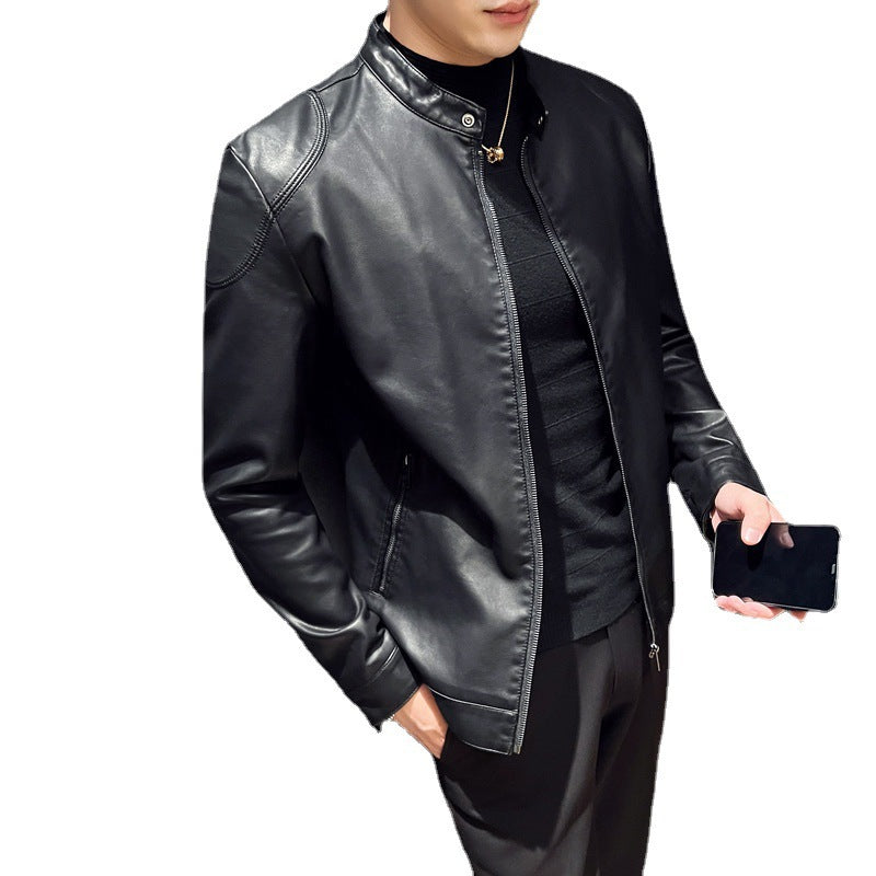 Men's slim faux leather blouson motorcycle-inspired design with short stand-up collar and concealed zipper Chichicherry