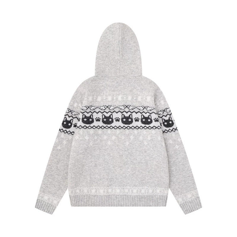 Women's Hooded Knit Jacket with Norwegian Pattern, Double Zip and Kangaroo Pockets Chichicherry