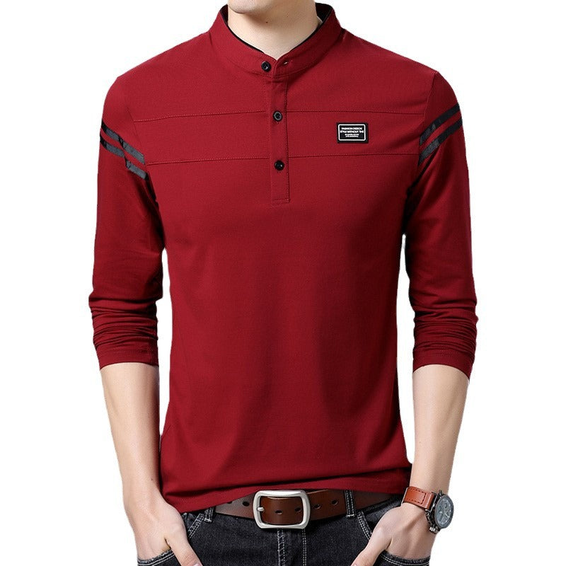 Men's Slim-Fit Long Sleeve Henley with Stand Collar and Shoulder Stripes Chichicherry