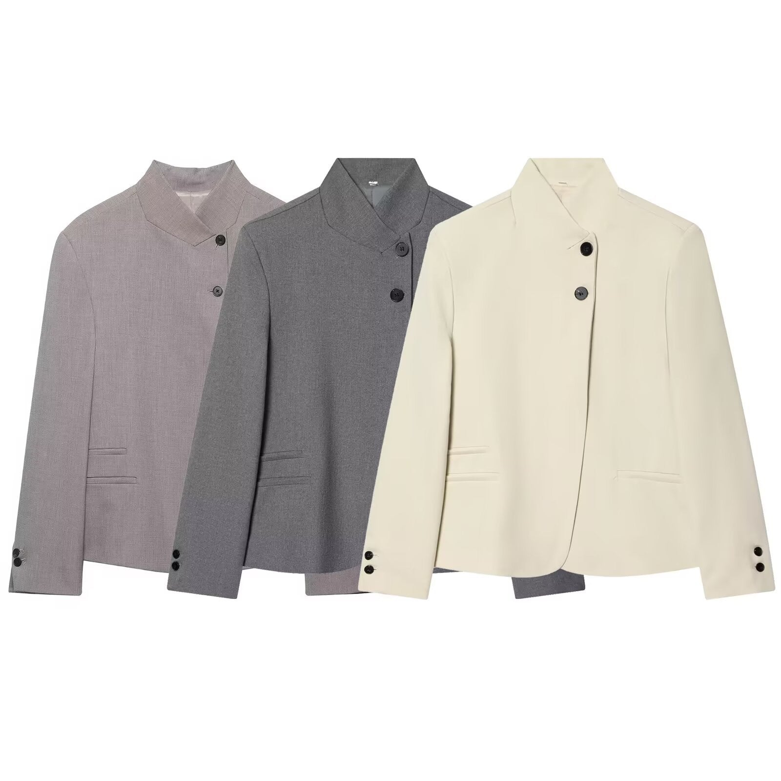 Women Tailored Blazer with Stand-up Collar and Concealed Button Placket Chichicherry