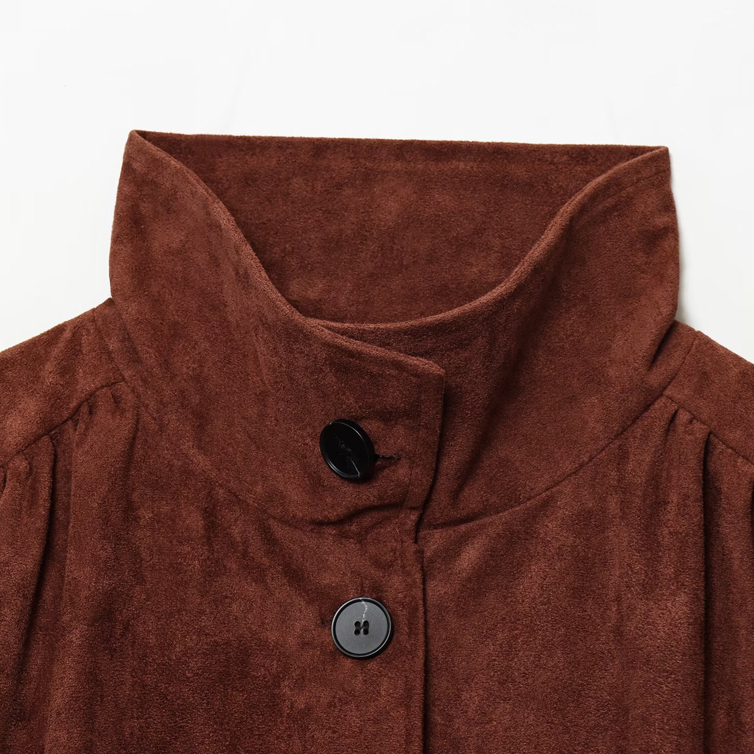 Women's short jacket made of faux suede with a stand-up collar, gathered balloon sleeves, and button placket Chichicherry