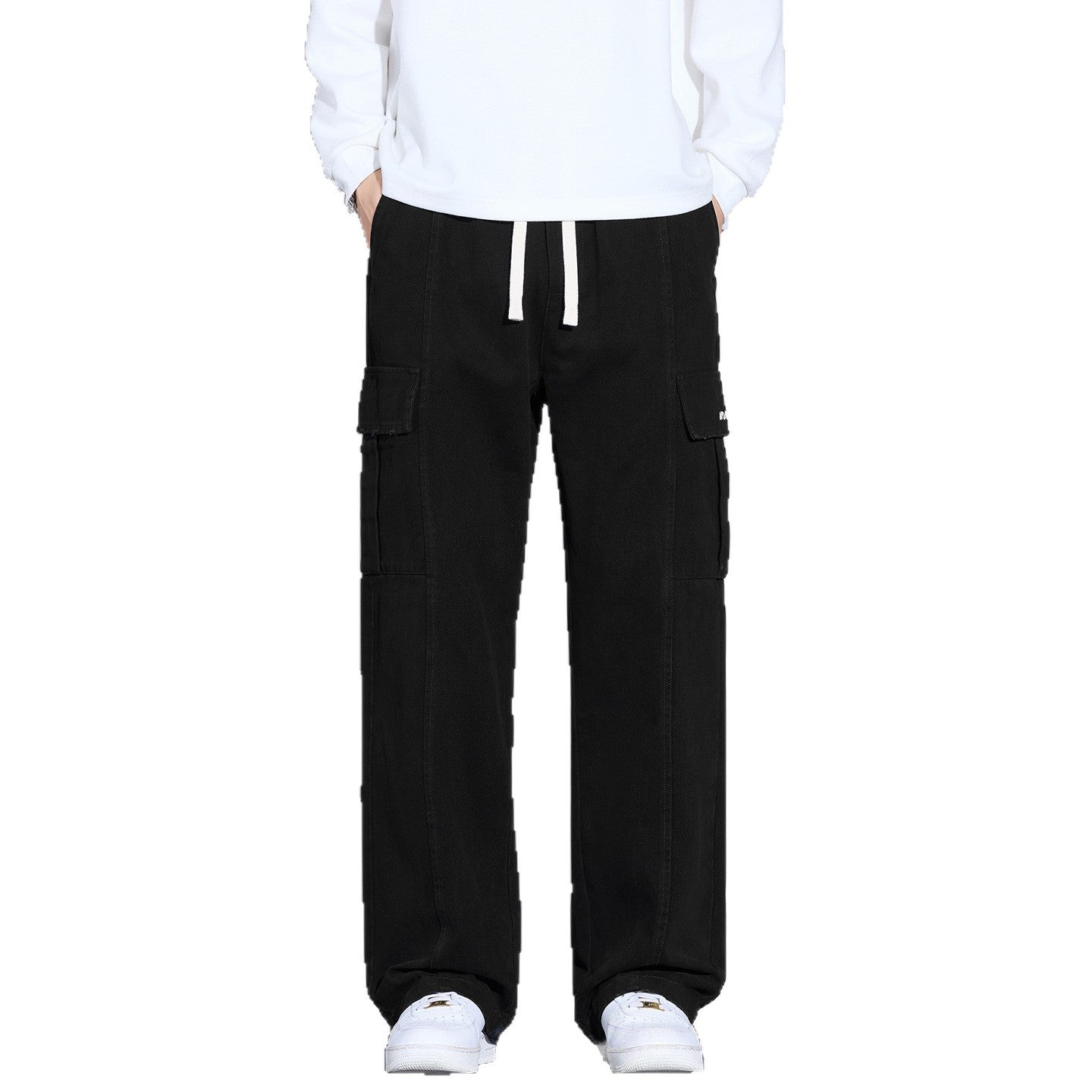 Men's Wide Cargo Pants made of Washed Cotton with Drawstring and Multi Pockets Chichicherry