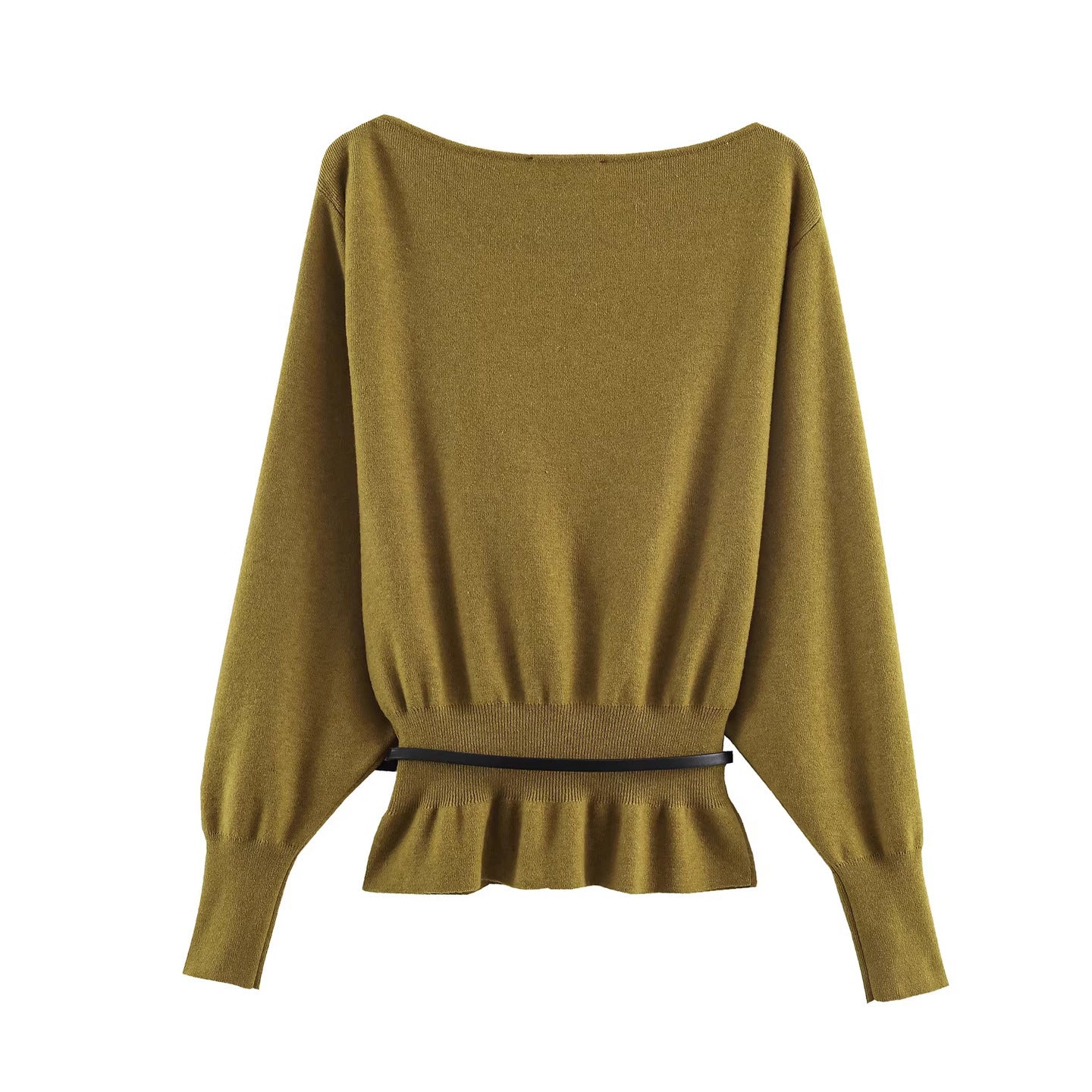 Women's Oversized Knit Sweater with Boat Neck, Batwing Sleeves, Gathered Ribbed Hem, and Waist Belt Chichicherry
