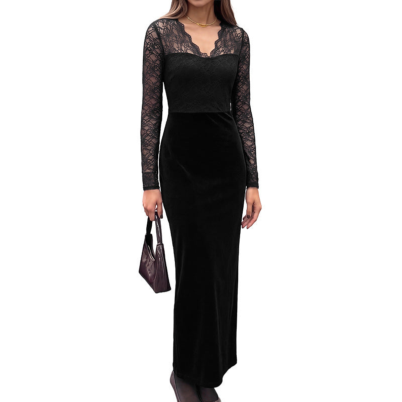 Women's evening dress with transparent lace sleeves, velvet skirt, and illusion heart neckline Chichicherry