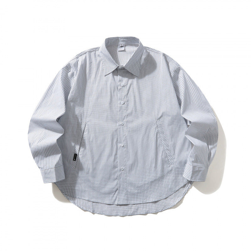 Unisex Lightweight Checked Overshirt with Shirt Collar, Side Pockets, and Curved Hem Chichicherry