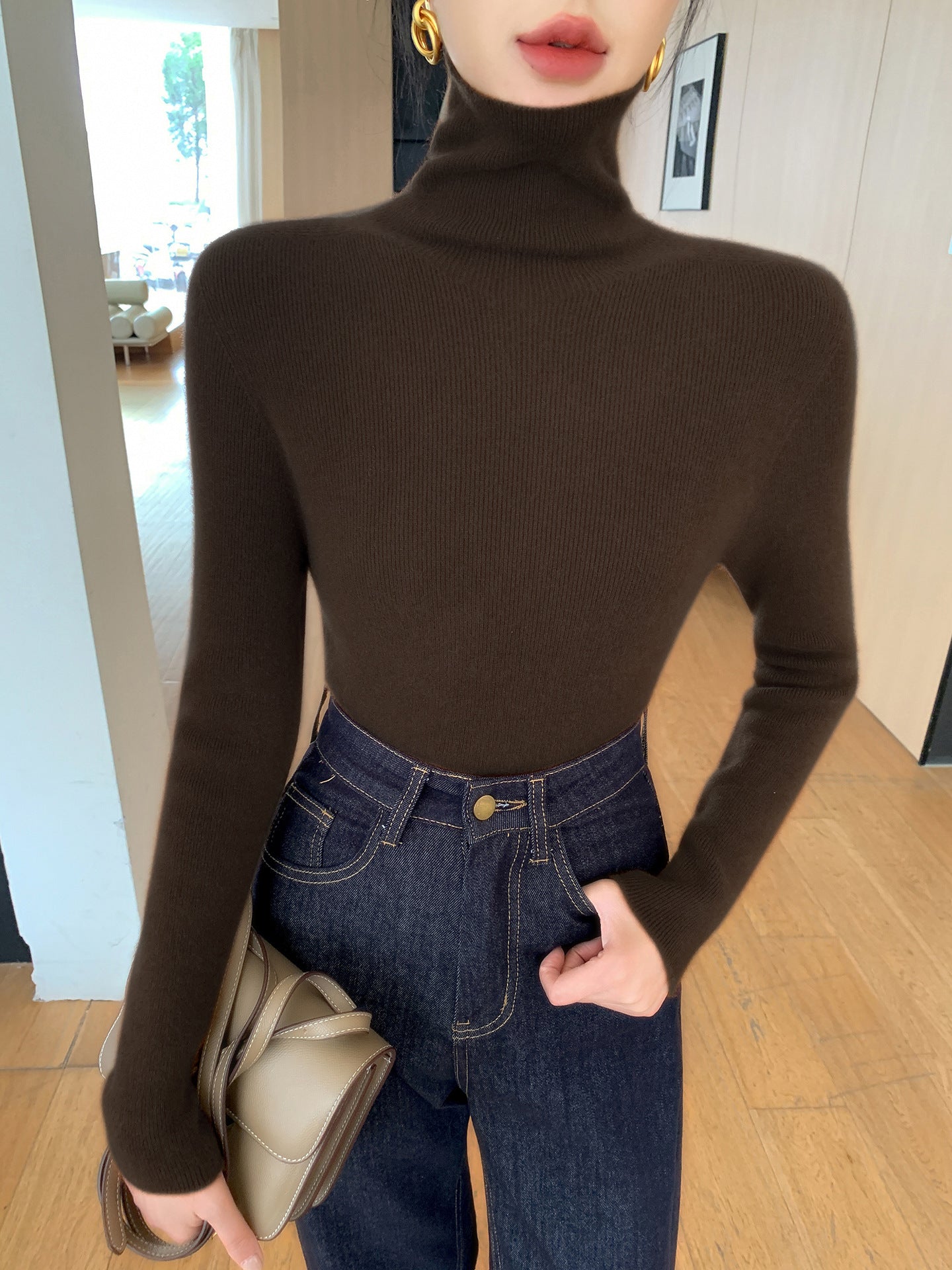 Women's Slim Fine Knit Sweater with High Turtleneck and Fine Rib Structure Chichicherry