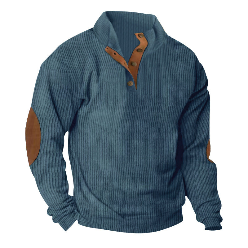 Men's Waffle Knit Henley Sweater with Stand-Up Collar and Elbow Patches Chichicherry