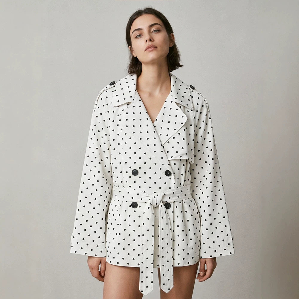 Women’s short trench coat with double breasted front, belt at the waist and polka dot print Chichicherry
