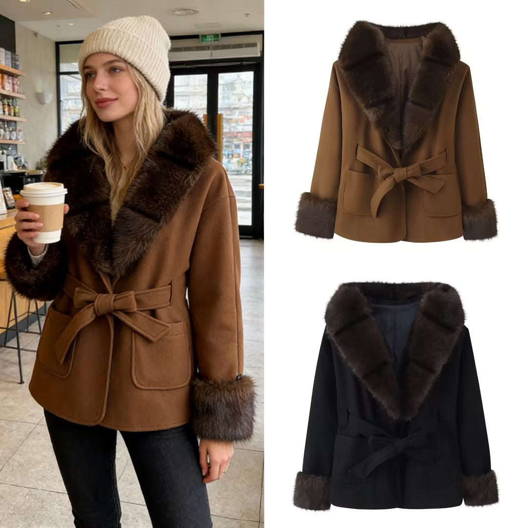 Women's Short Wool Blend Coat with Faux Fur Collar, Waist Belt and Patch Pockets Chichicherry