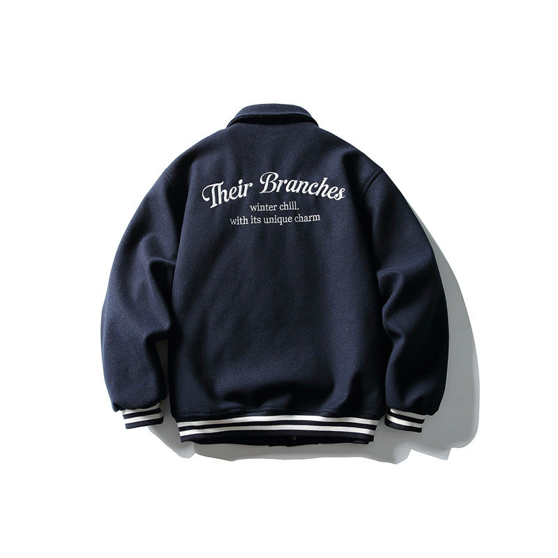 Men's Boxy College Blouson Jacket made of wool blend with snap button closure and striped ribbed cuffs Chichicherry