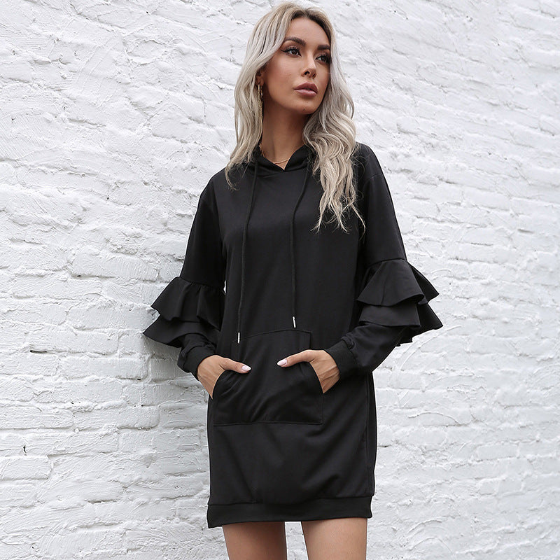Women Oversize Hooded Dress with Two-Tier Ruffled Sleeves and Side Pocket Chichicherry