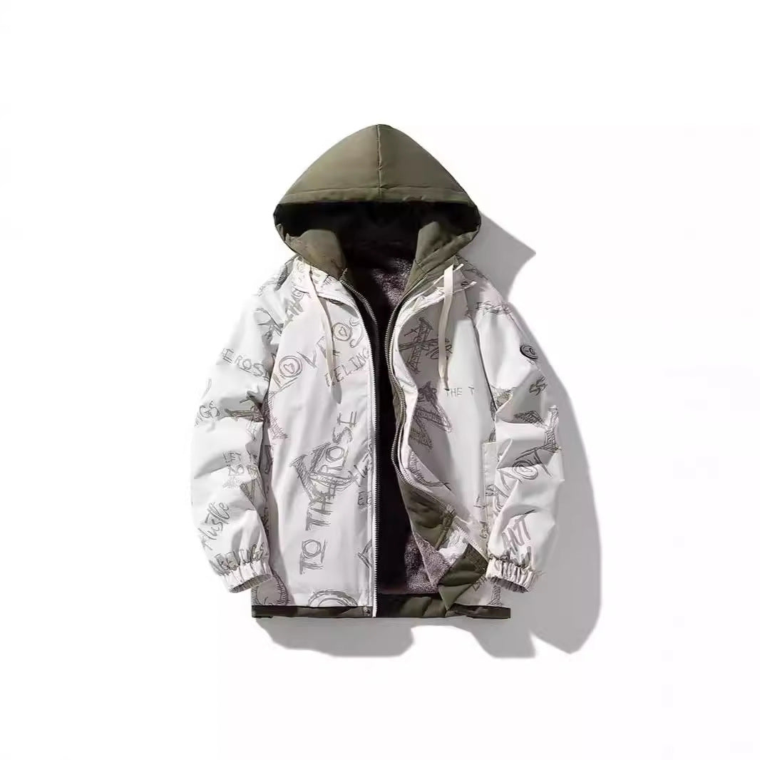 Men's Padded Hooded Jacket with Graphic Print, Teddy Inner Lining and Windproof Outer Shell Chichicherry