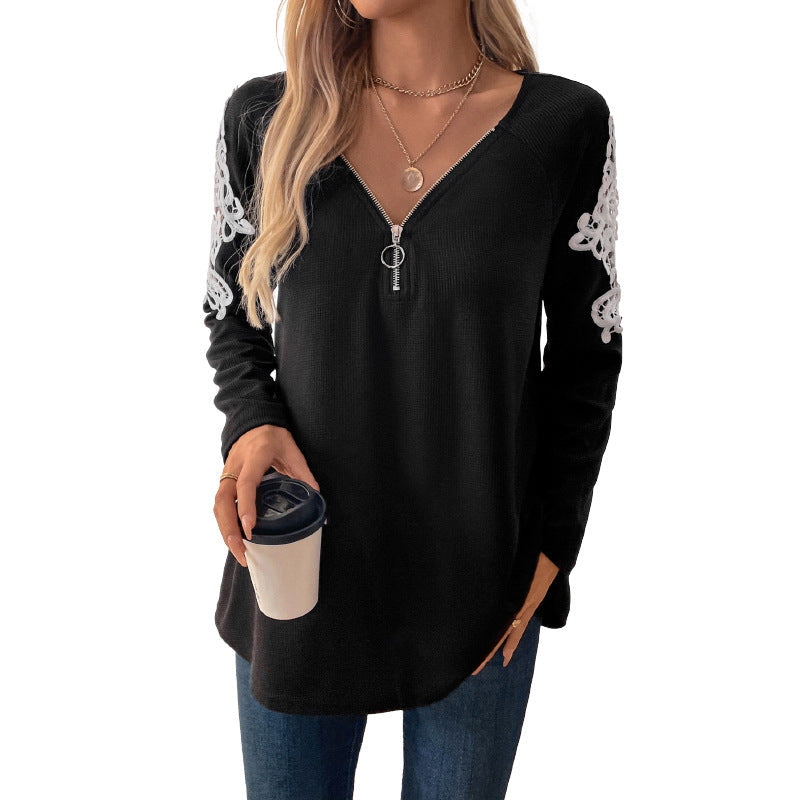 Women's Long Sleeve Tunic with V-Neck, Zipper and Floral Lace Sleeves Chichicherry