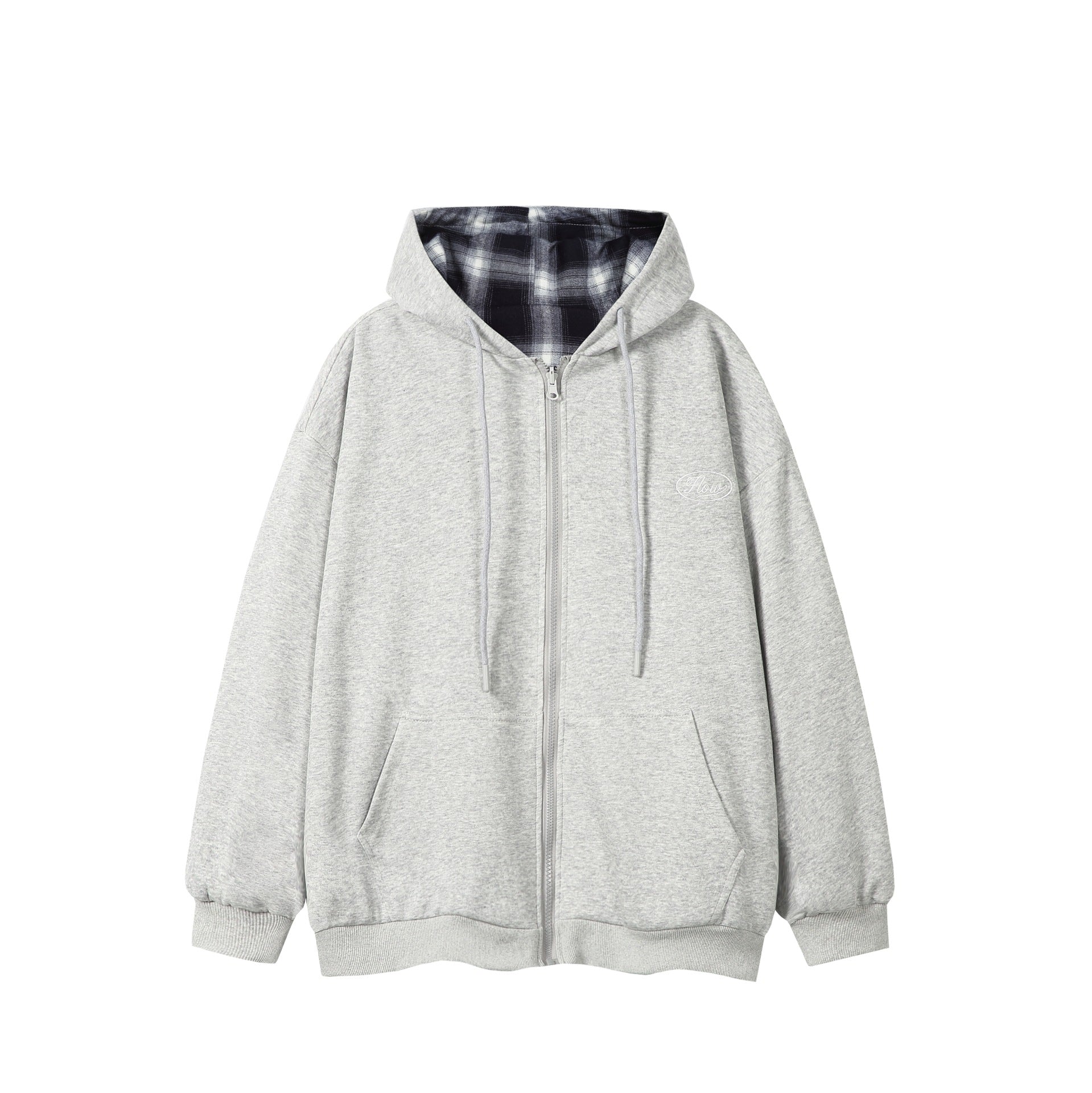 Unisex Oversize Hoodie Zipper Jacket with Checkered Hood Lining and Kangaroo Pockets Chichicherry