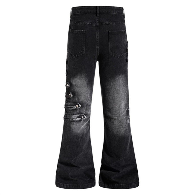 Ladies Wide Jeans Pants with Used Effect and Side Decorative Button Strips Chichicherry