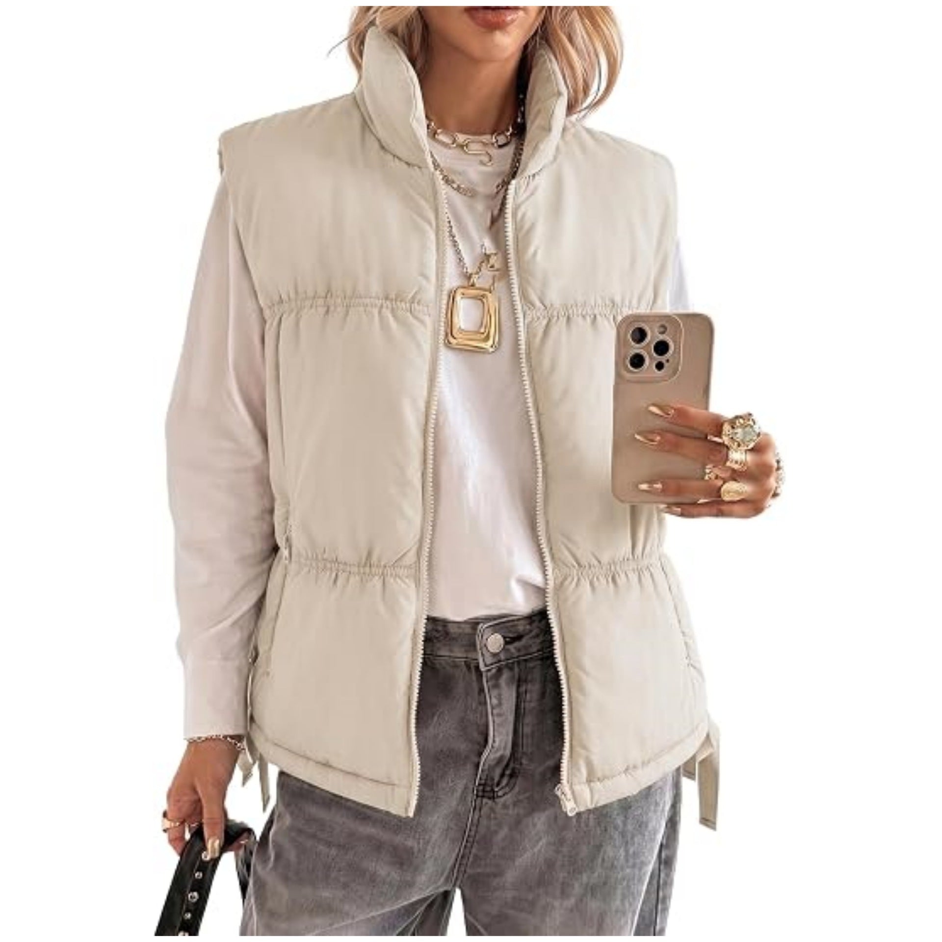 Women’s Padded Sleeveless Vest with Stand-Up Collar and Drawstring Chichicherry