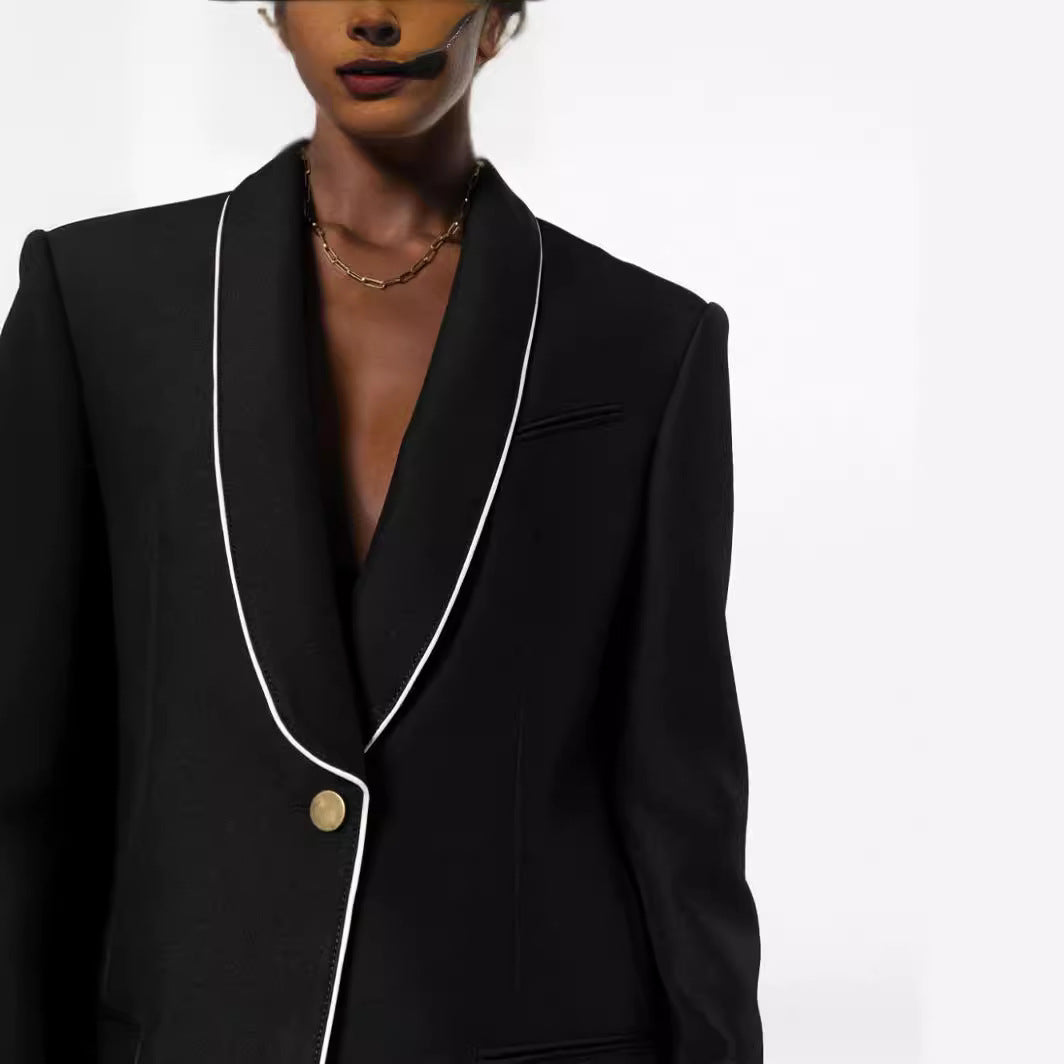 Women Oversize Blazer in Tuxedo Style with Contrasting Piping and Single Button Front Chichicherry
