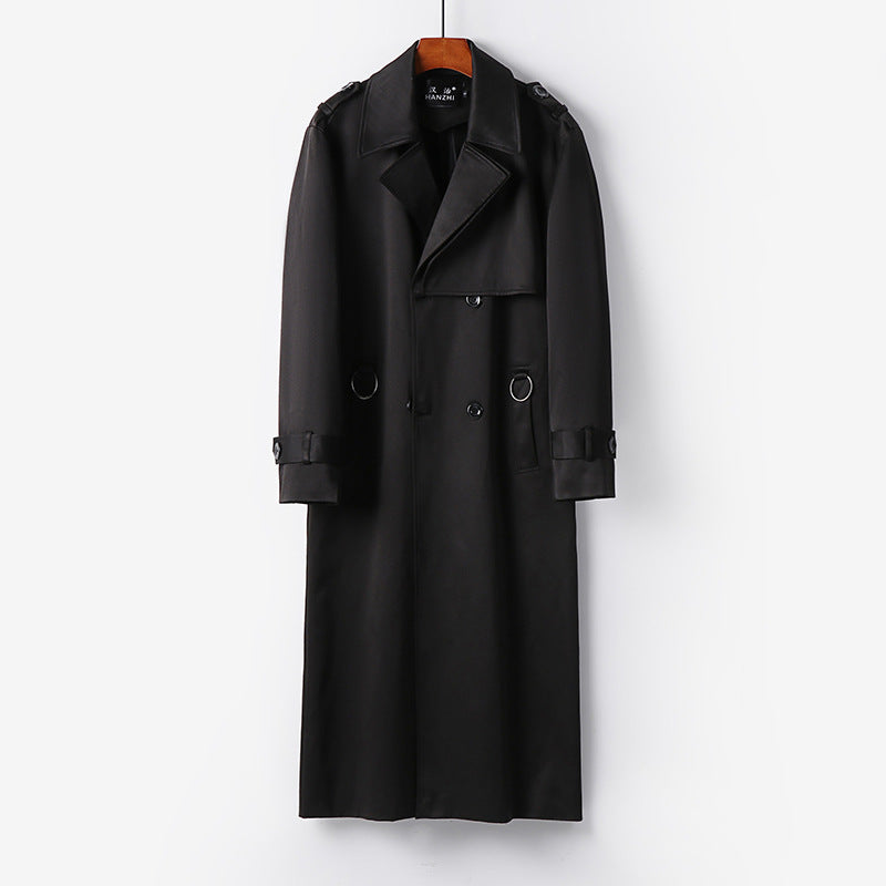 Men's Elegant Ankle-Length Trench Coat with Concealed Button Placket and Waist Belt Chichicherry