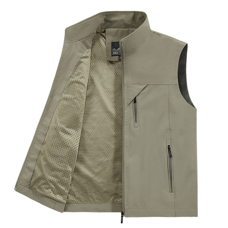 Men's Breathable Softshell Utility Vest with High Stand-Up Collar, Water-Repellent Outer Layer and Multiple Zipper Pockets Chichicherry