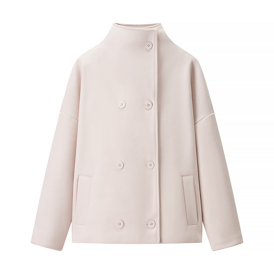 Women's Boxy Wool Blend Caban Jacket with Stand Collar and Dropped Shoulders Chichicherry