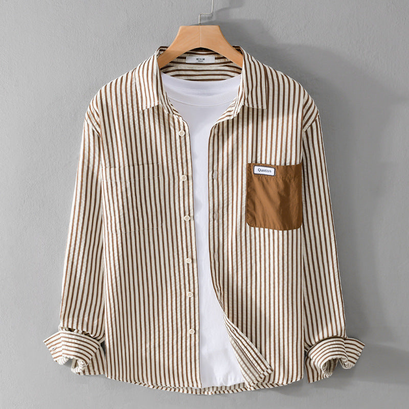 Men Striped Long Sleeve Overshirt made of Cotton Blend with Contrasted Chest Pocket Chichicherry