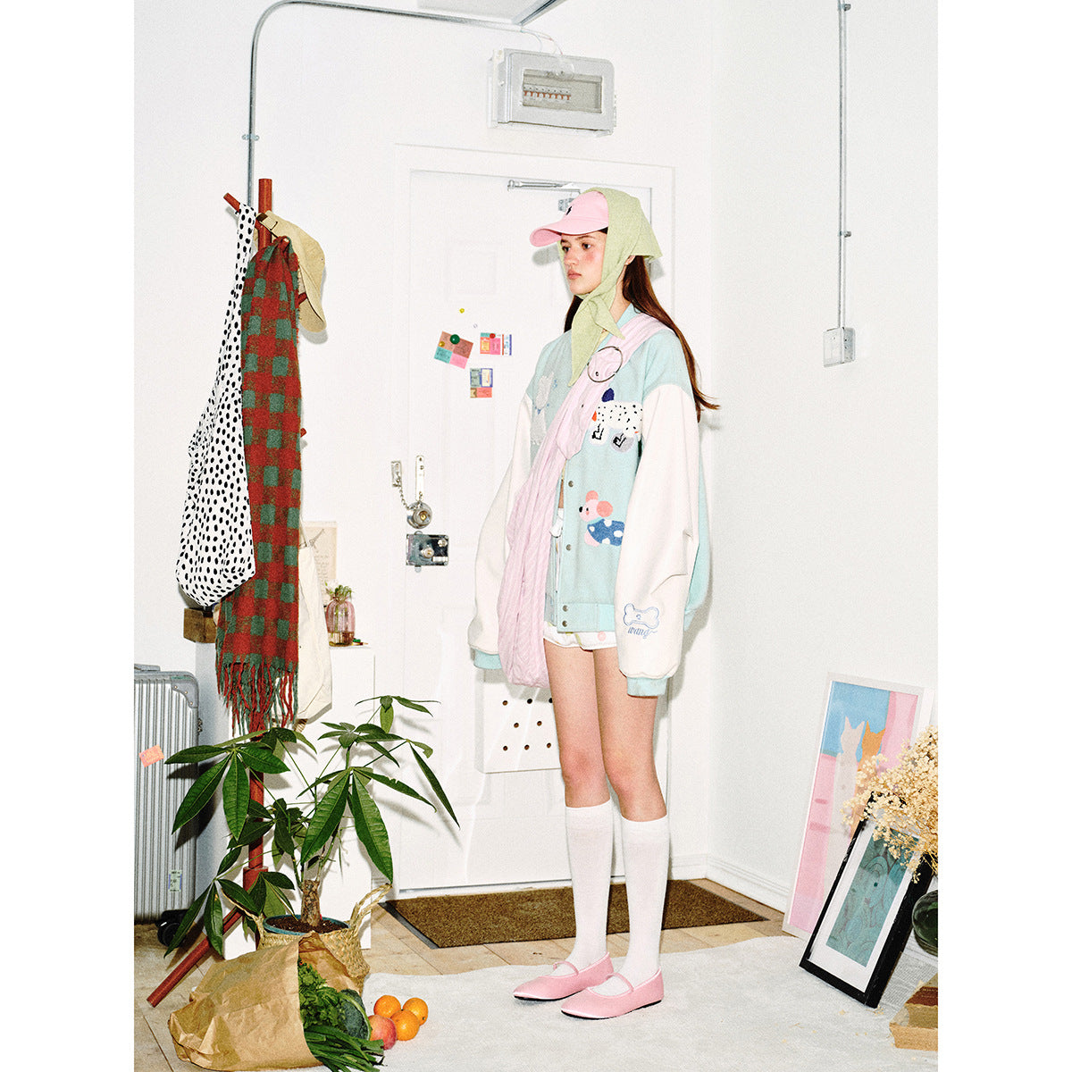 Women's Playful Bomber Jacket with Chenille Applications and Contrast Sleeves Chichicherry