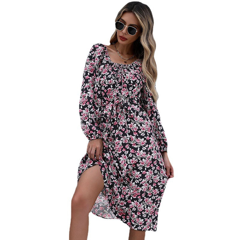 Women's midi dress with floral tiered skirt, gathered neckline & waist drawstring Chichicherry