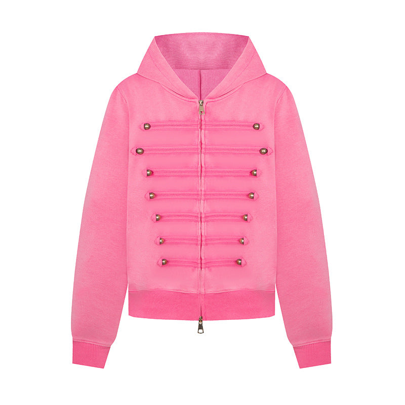 Ladies hooded sweat jacket in military style with decorative cords and metal buttons Chichicherry