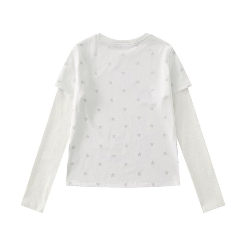Women Two-Layer Long Sleeve Shirt with Stars Ornament and Heart Detail Chichicherry
