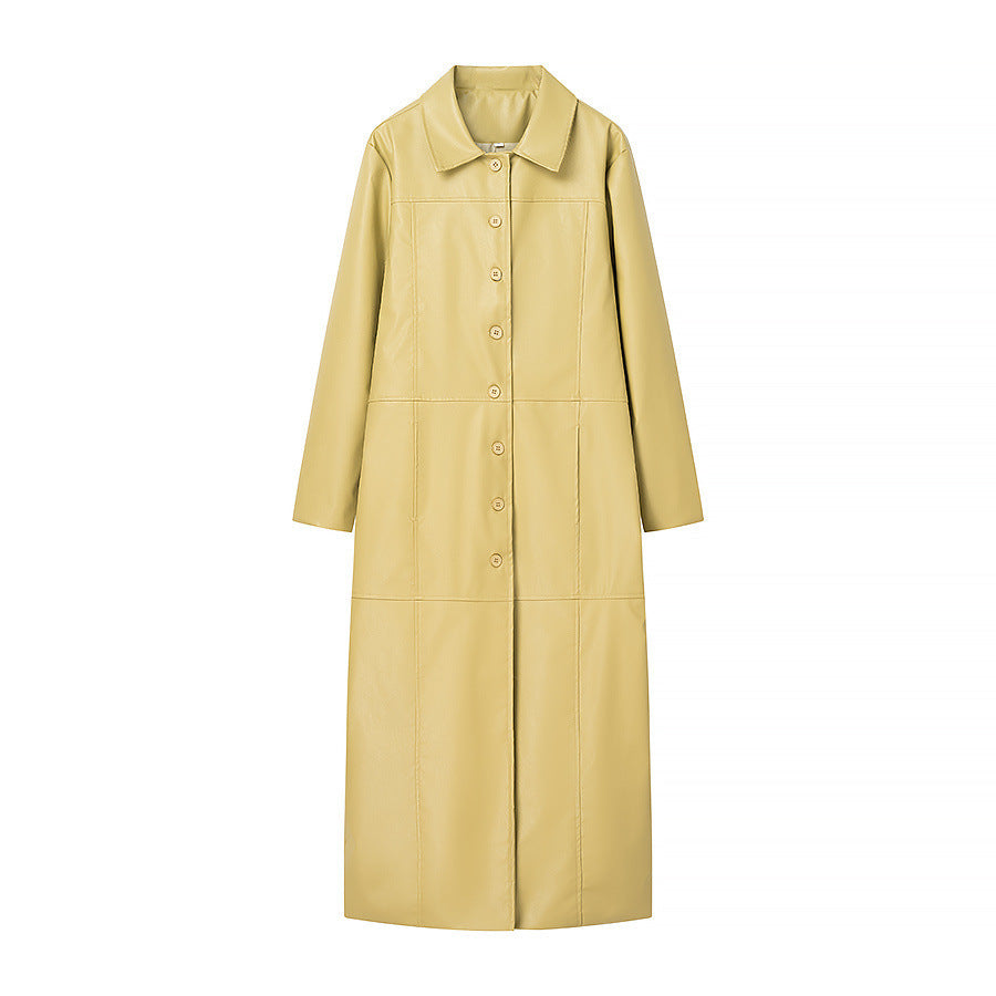 Women's long vegan coat with continuous button placket, panel seams, and shirt collar Chichicherry