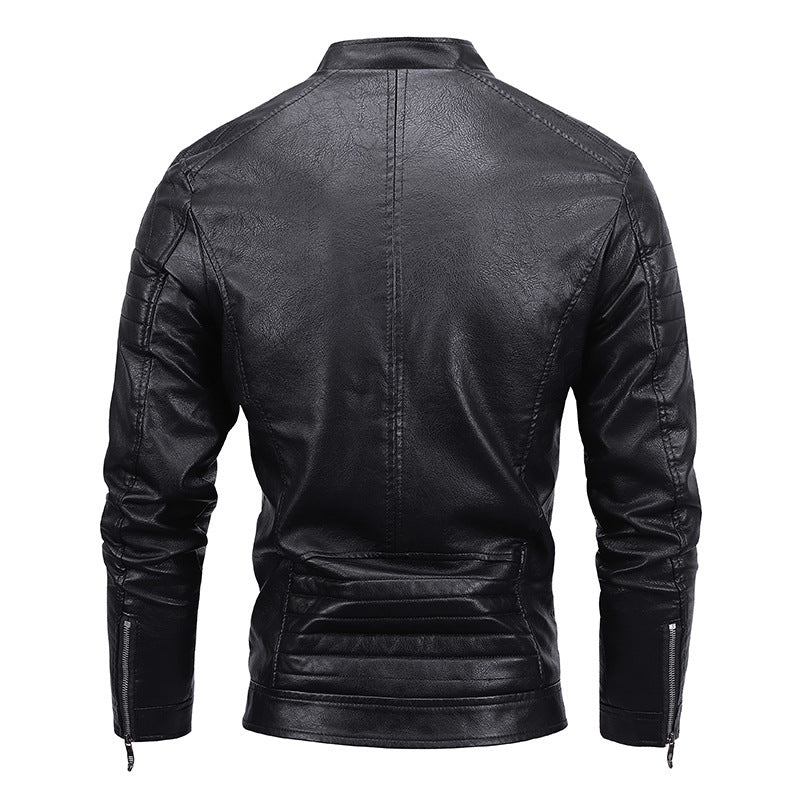 Men's Slim-Fit Faux Leather Biker Jacket with Quilted Shoulder Yoke and Zipper Chichicherry