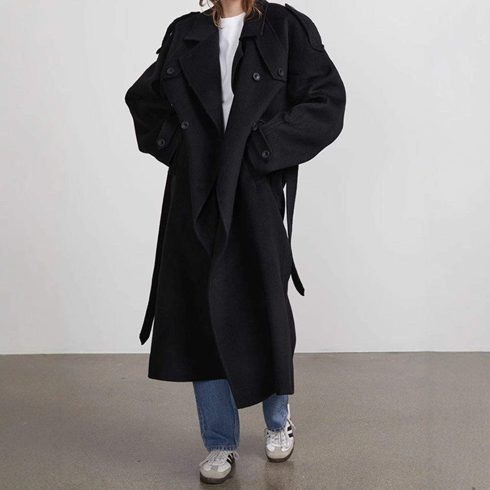 Women's Oversized Wool Coat with Wide Lapel Collar and Waist Belt Chichicherry