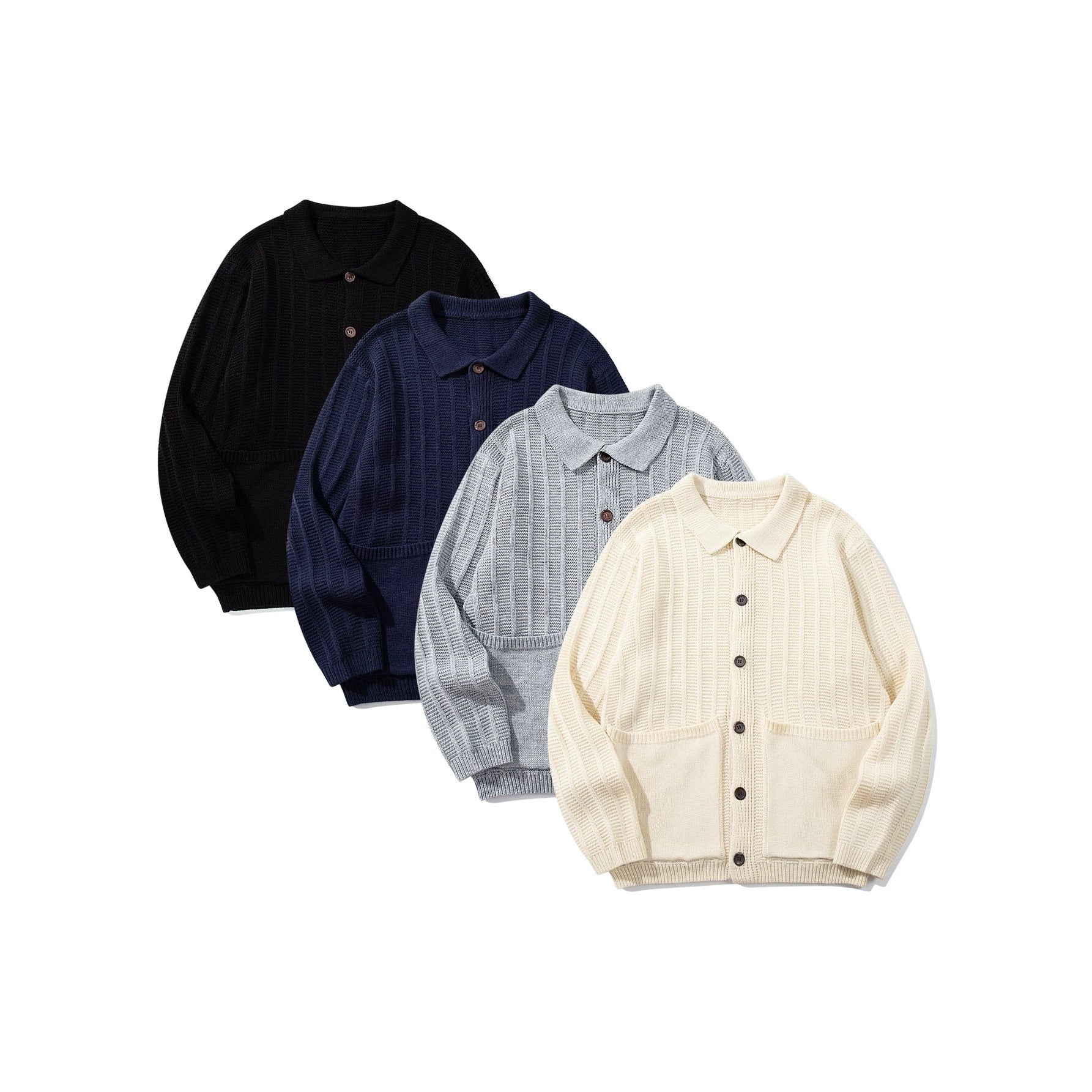 Unisex Textured Knit Cardigan with Shirt Collar and Patch Pockets Chichicherry