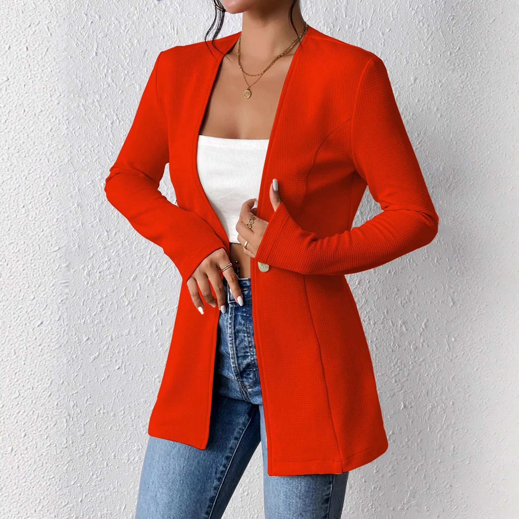 Ladies Tailored Long Blazer with V-Neck and One-Button Closure Chichicherry