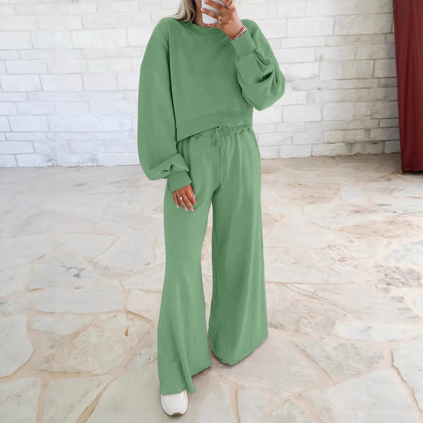 Women's Short Sweater and Palazzo Pants Lounge Set with Balloon Sleeves Chichicherry