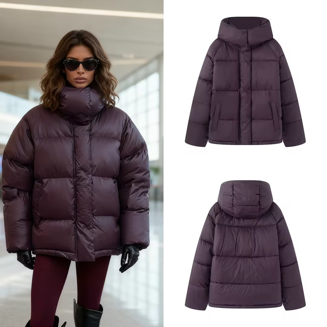 Women's Boxy Quilted Jacket with High Collar, Hood and Concealed Fastening Chichicherry