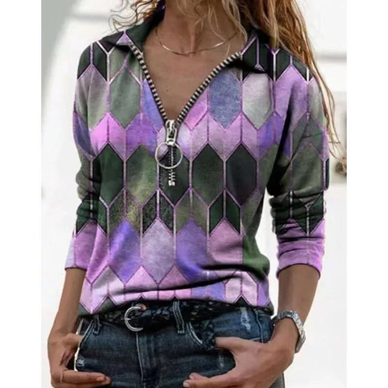 Women's zip pullover with polo collar, graphic diamond print and slim fit Chichicherry