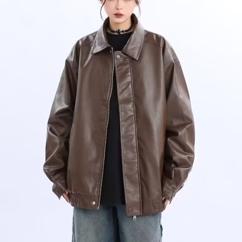 Damen Oversized Kunstleder-Blouson mit elastischem Saum und Hemdkragen Chichicherry