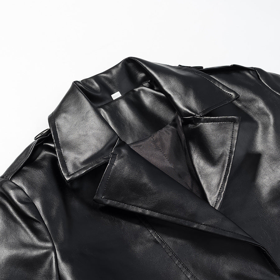 Women Longer Faux Leather Trench Coat with Waist Belt and Epaulettes Chichicherry
