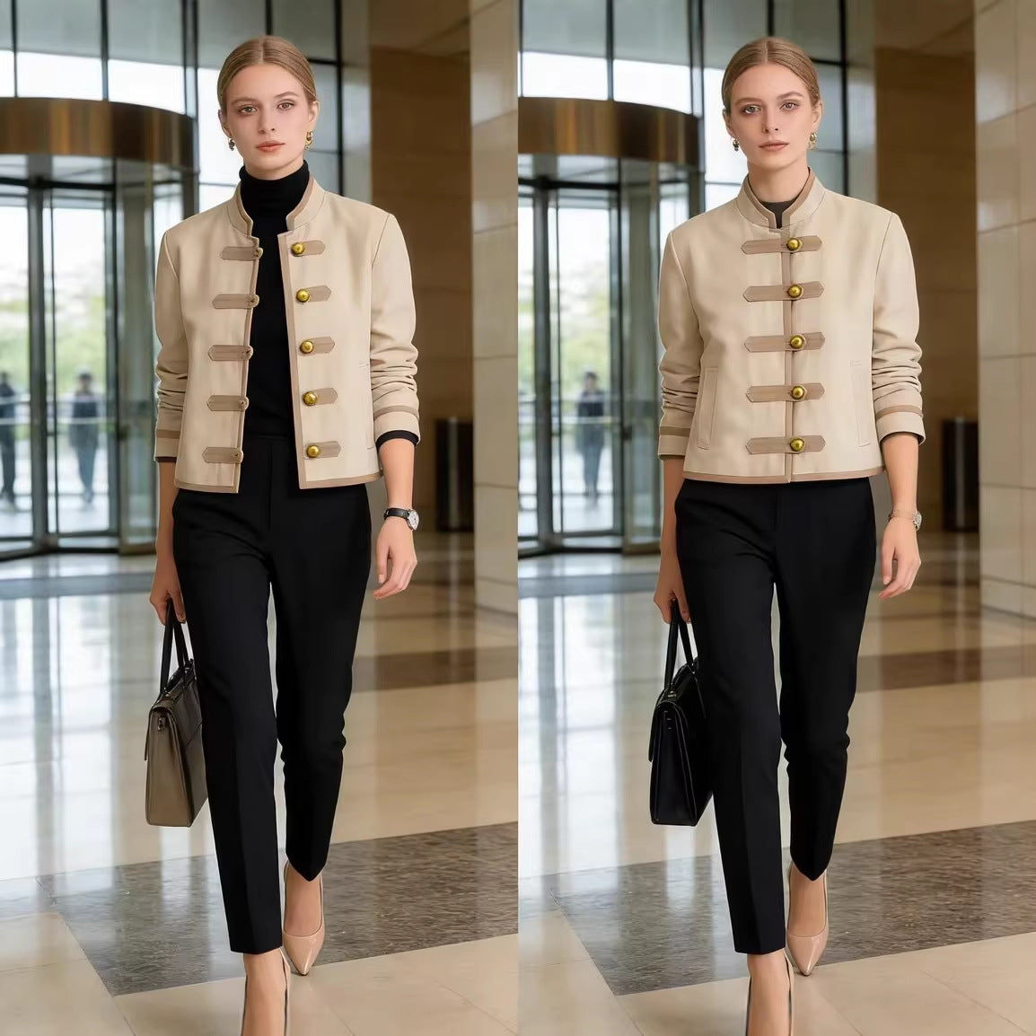 Ladies short jacket with mandarin collar and decorative toggle closures Chichicherry