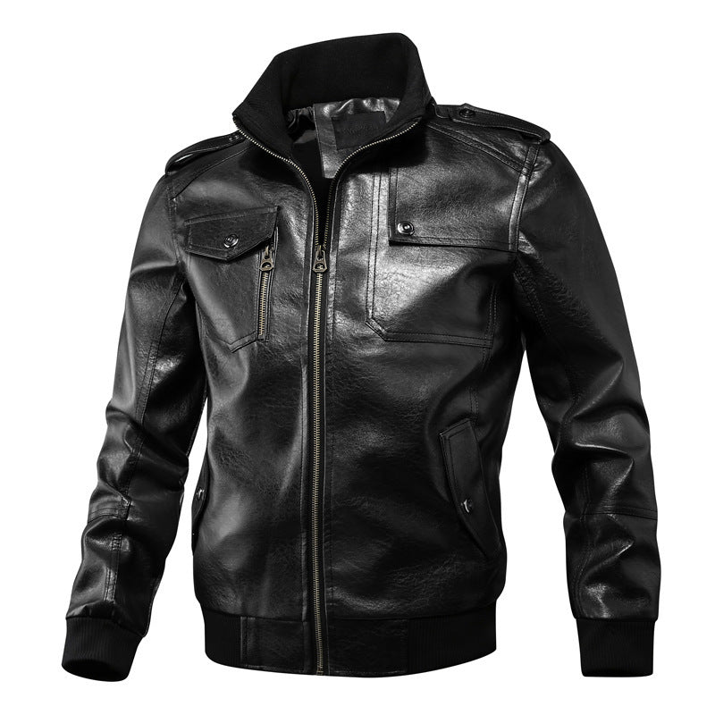 Men's Faux Leather Flight Jacket with Shoulder Epaulettes, Chest Pockets, and Ribbed Cuffs Chichicherry