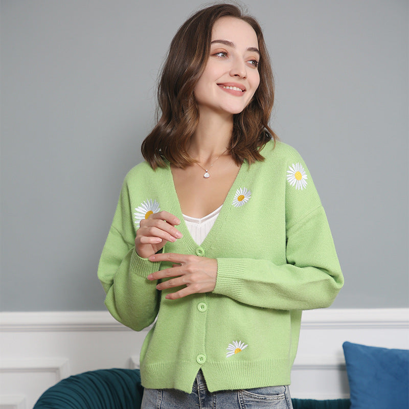 Women Short Cut V-Neck Knit Cardigan with Embroidered Daisies and Ribbed Cuffs Chichicherry
