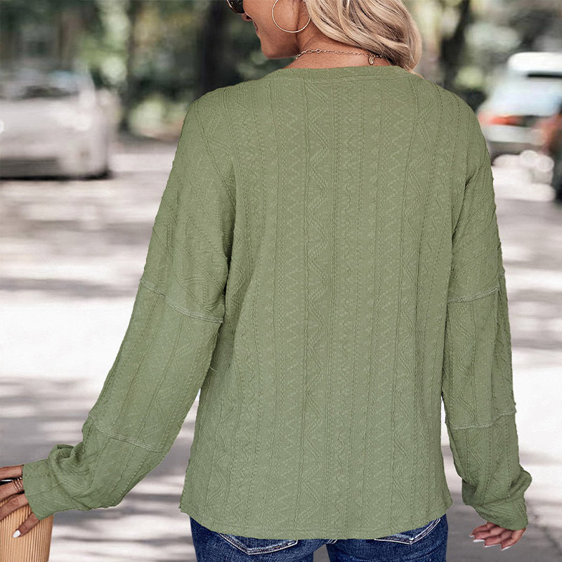 Women's Loose Knit Henley with Cable Pattern, Button Placket and Dropped Shoulder Chichicherry