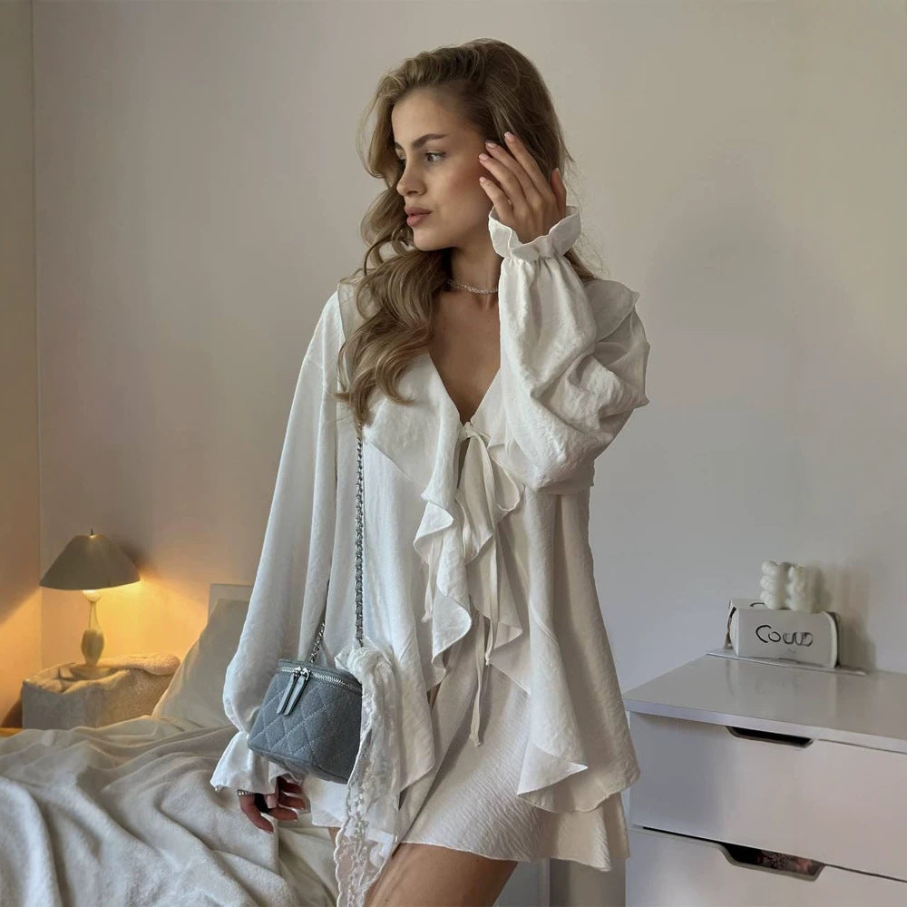 Women's Playful Ruffle Set made of lightweight Crepe Quality with Tie Blouse and A-Line Mini Skirt Chichicherry