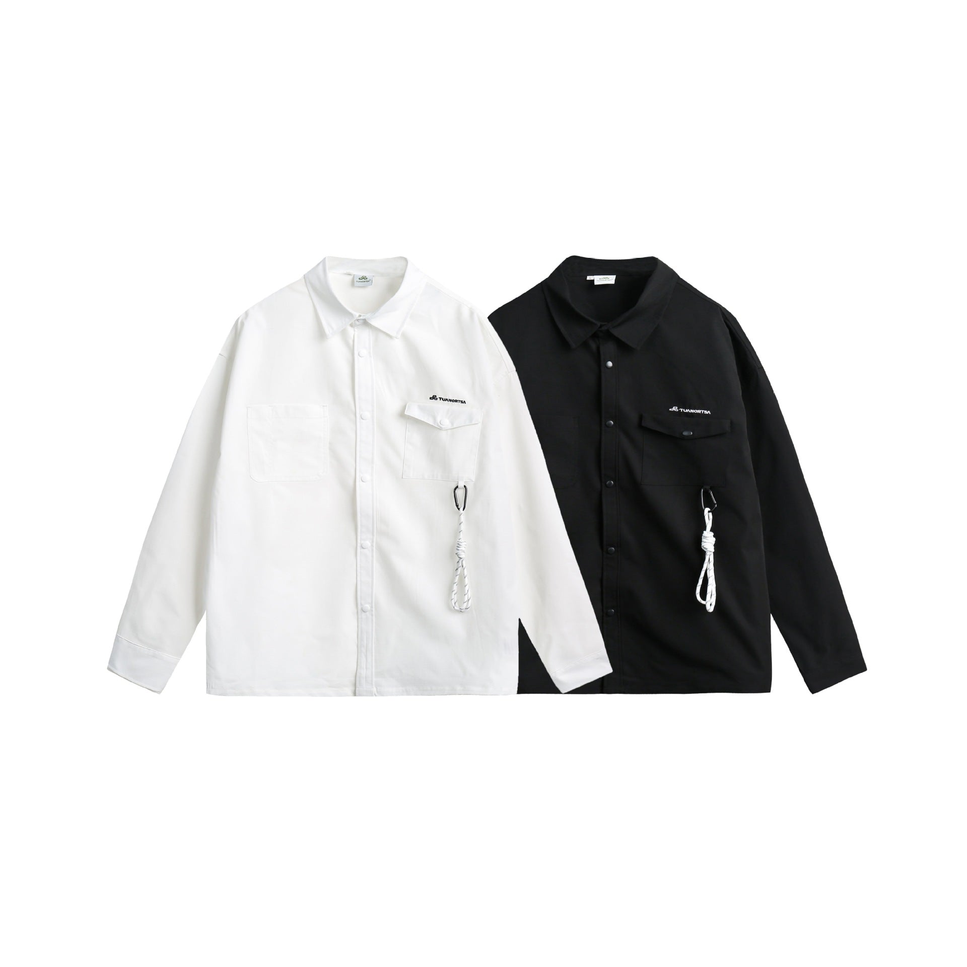 Unisex overshirt jacket in utility style with snap button placket and carabiner detail Chichicherry