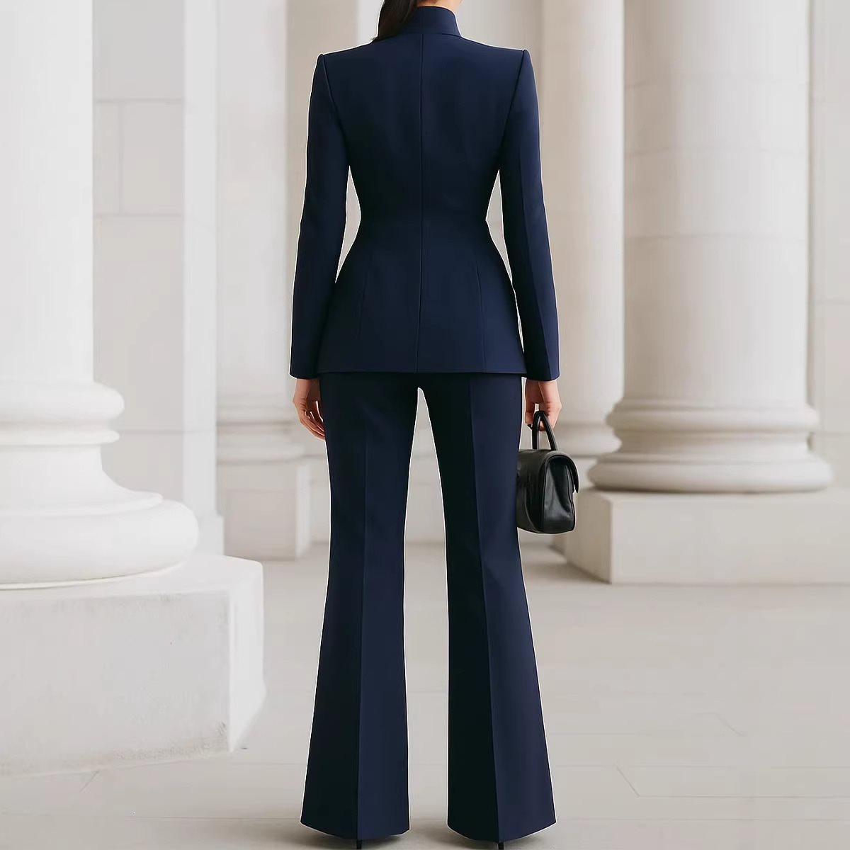 Women Tailored Blazer with Stand Collar and High-Waist Flared Pants Chichicherry