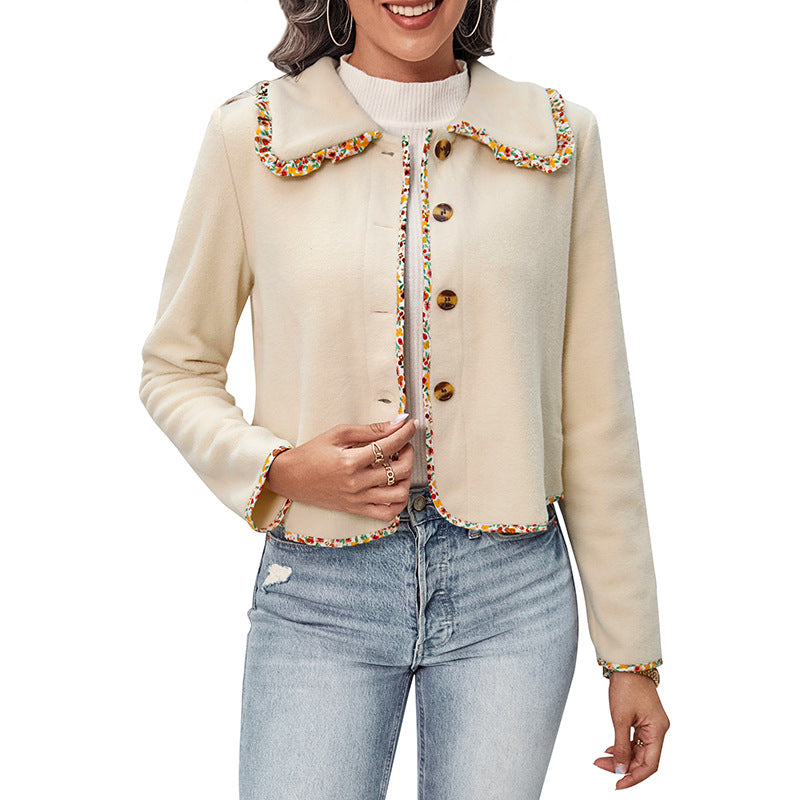 Women's short jacket with Peter Pan collar and floral trim decoration Chichicherry